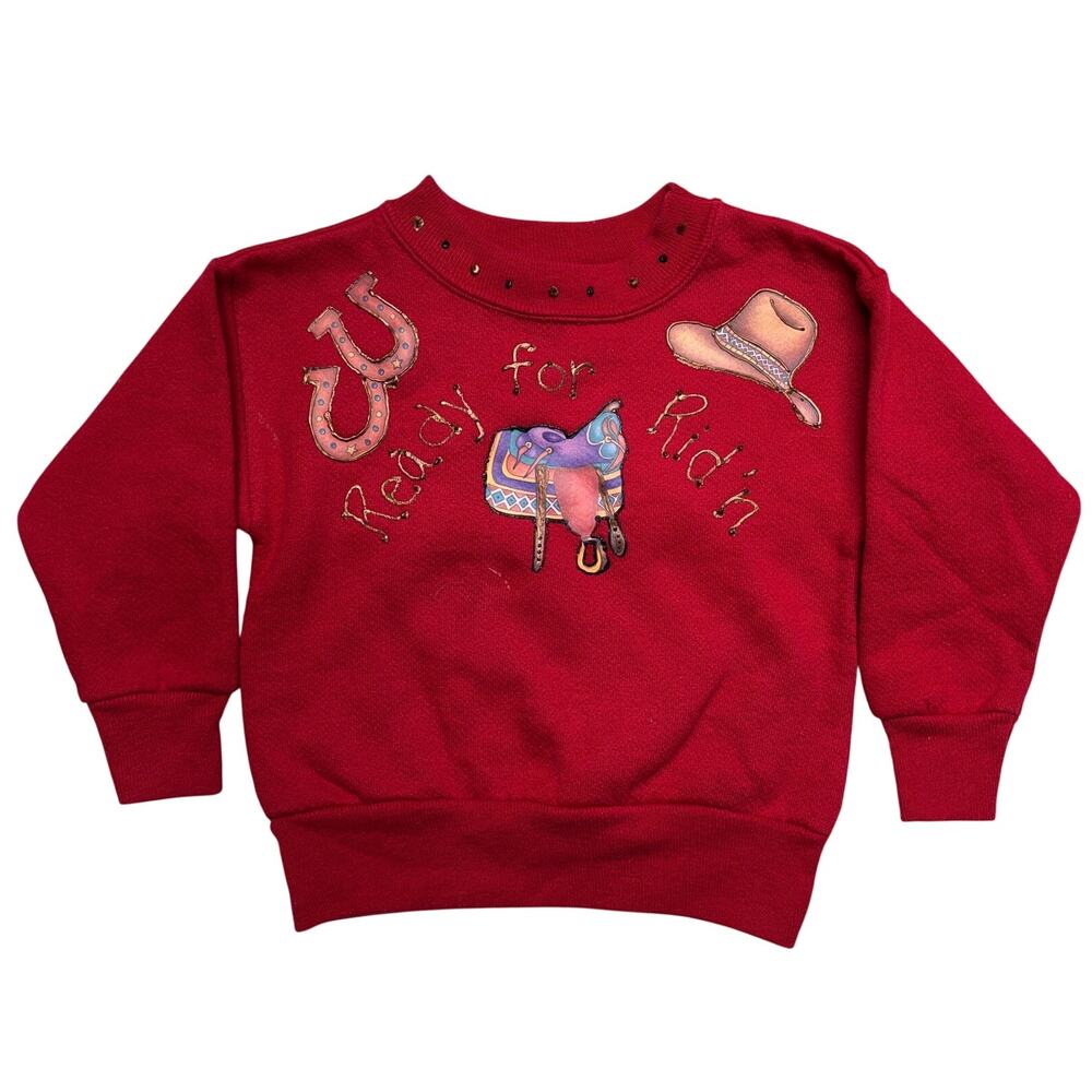 Vintage Spencer's Sweatshirt Baby 18Mos Red Ready for Ridin' Studded Fleece USA